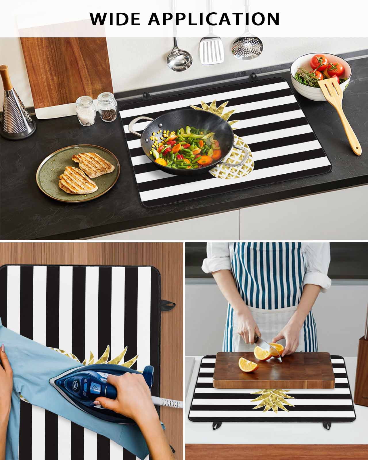 Large Induction Cooktop Protector Mat Pineapple Stove Top Covers for Electric Stove, Modern Abstract Fruits Black White Stripe Decorative Stove Burner Cover Mats, Glass Top Stove Cover