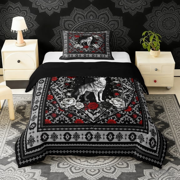 Erosebridal Howling Wolf Twin Comforter Sets, Bohemian Aztec Mandala Bedding Set, Black Gray Red, Black Reversible 2-Piece, 1 Comforter and 1 Pillowcase