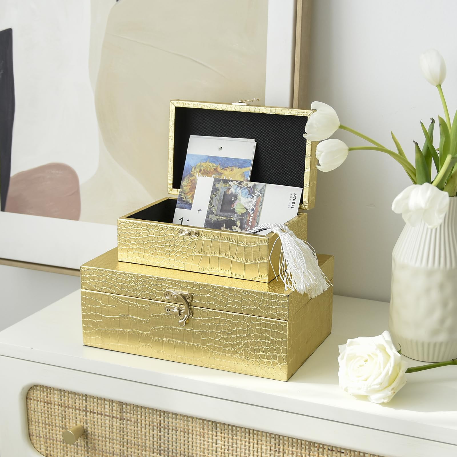 MODE HOME Set of 2 Gold Crocodile Leather and Wood Nesting Storage Boxes, Decorative Keepsake Chests with Clasps