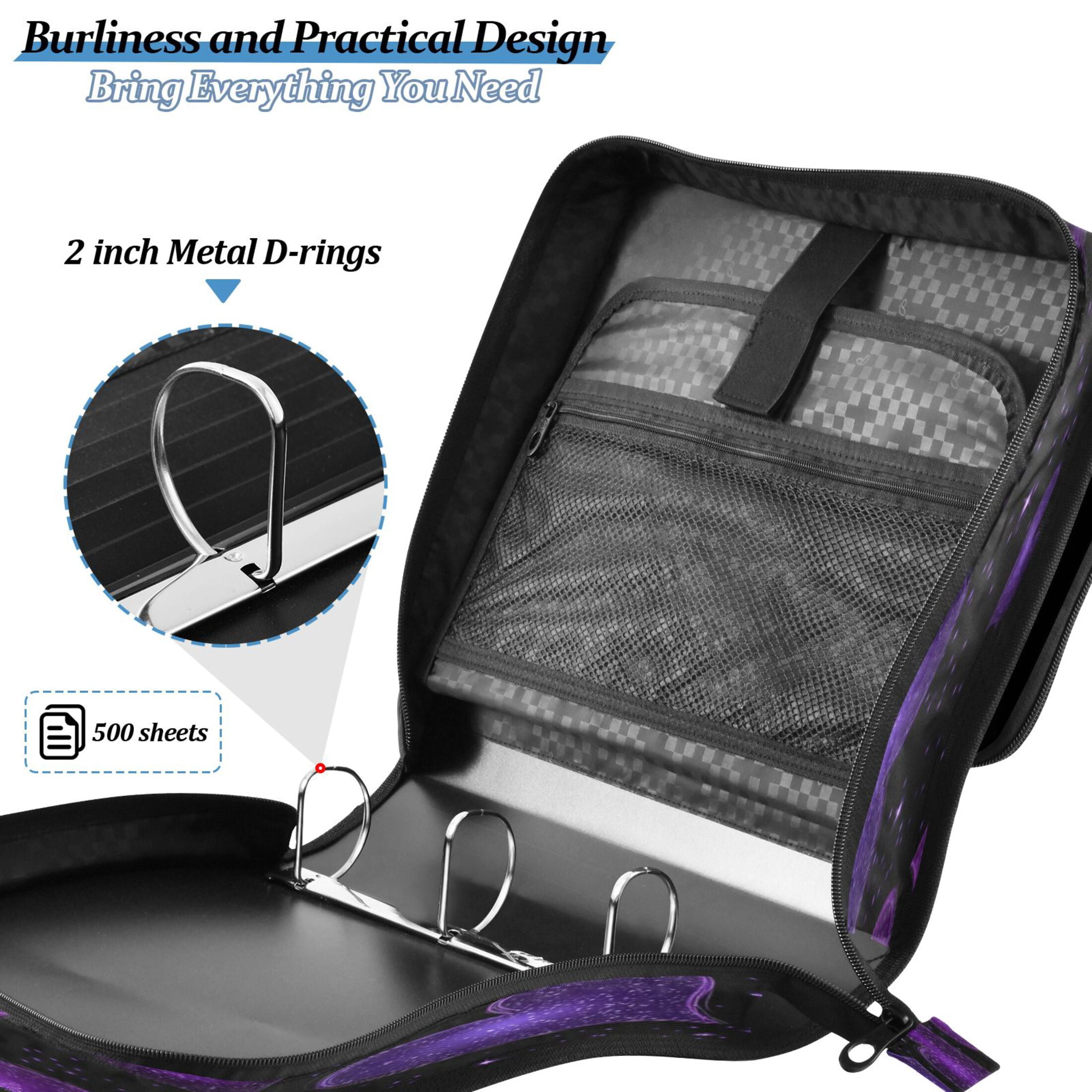 3 Ring Zipper Binder Stationery Organizer for Study Work Home Travel, All-Purpose File Folder Storage Bag for Daily Document Organization Amethyst Diamond Hearts