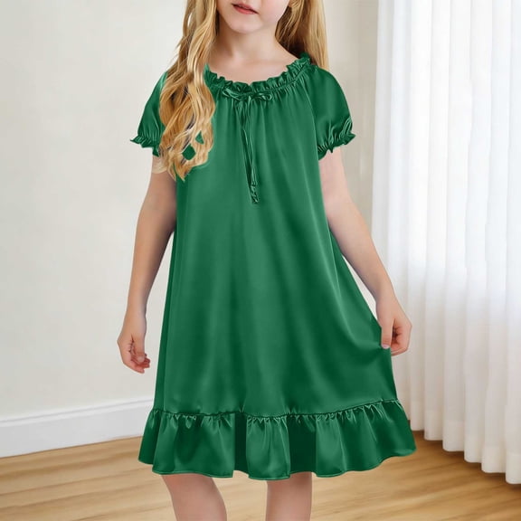 SGFCWSX Girls Casual Dress Short Sleeve Satin Bow Ruffle Hem Loose Fit Summer Dress Green Size 4-5 Years