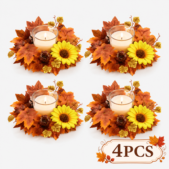 Fall Candle Rings Thanksgiving Candle Holders Home Decoration Mini Farmhouse Fall Maple Leaf Pumpkin Candle Wreaths Thanksgiving Table Centerpieces for Cabinets Wall Window 4Pcs Design 1
