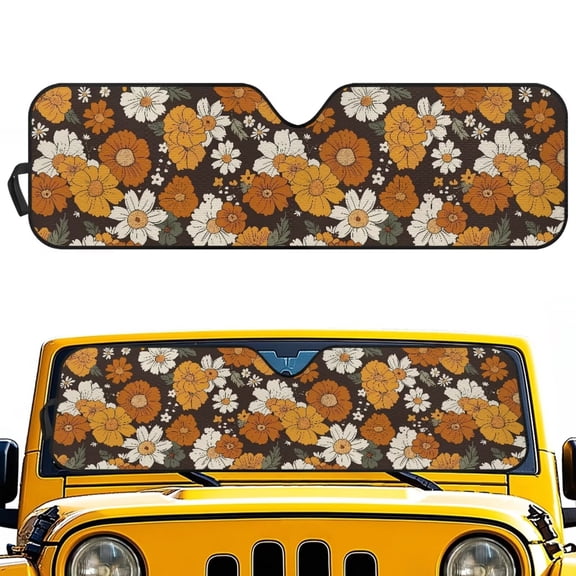 FUIALDOLG 70s Hippie Floral Windshield Sun Shade, Cute Shade Heat Shield Foldable, Block UV Rays, 52.95x16.14 inch, Compatible with Car SUV Off-road Vehicle