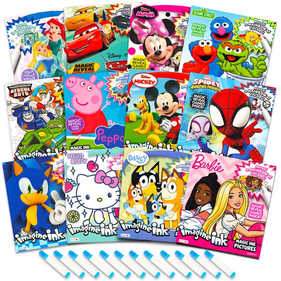 12 Mess Free Coloring Books with Mini No Mess Markers - Imagine Ink Coloring Activity Bundle for Toddlers, Kids Ages 3 4 5 6 | 72 Messless Coloring Pages with Bluey, Sonic, Hello Kitty, More