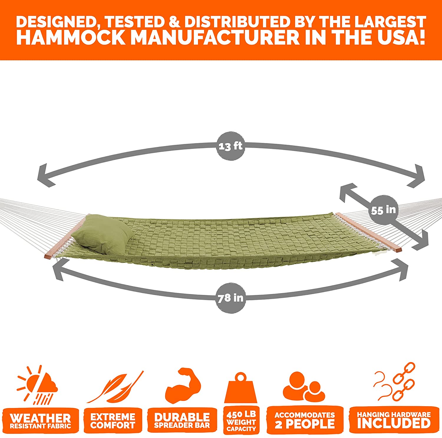 Castaway Living 13 ft. Large Green Soft Weave Hammock with Detachable Pillow, Free Extension Chains, Tree Hooks & Storage Bag