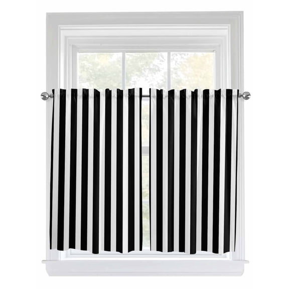 Kitchen Curtains 45 Inches length, Black Striped Window Treatment Curtain Drapes, Modern Farmhouse Black and White Stripes Lightweight Window Panels for Living Room Bedroom, 52"x45", 2 Panels