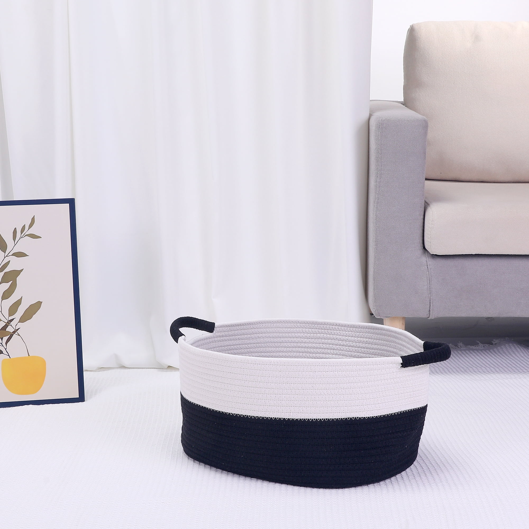 Unique Bargains Woven Storage Basket Bin with Handles White/Black 15.5*11.5*7.5in