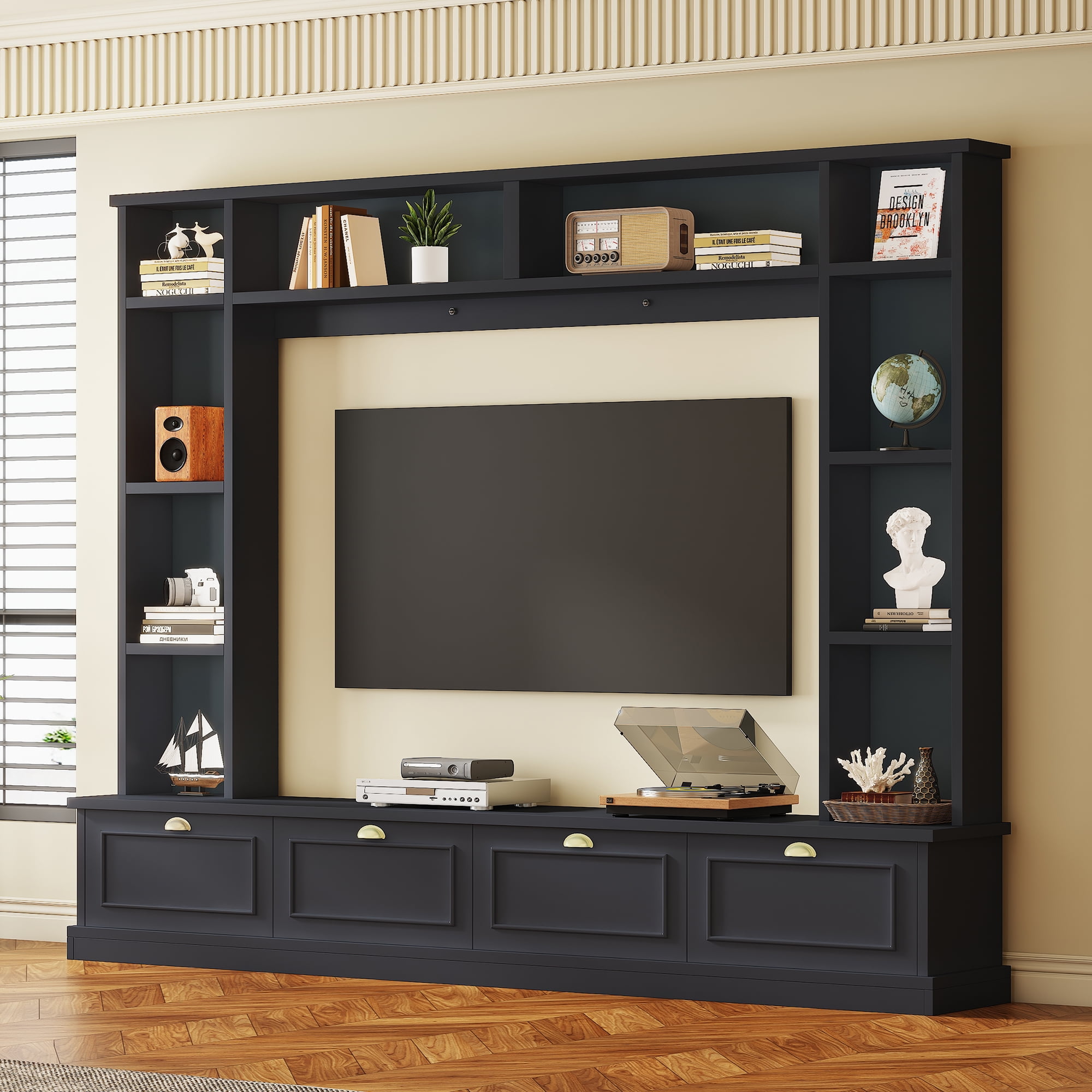 MAYEERTY Large Wall Unit Entertainment Center with Bookshelves for TVs Up to 78'', Modern TV Console with Cabinets and Open Shelves, Black