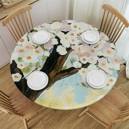 

Autua White Flowers Round Tablecloth Stain-Resistant Washable Fabric 46 -50