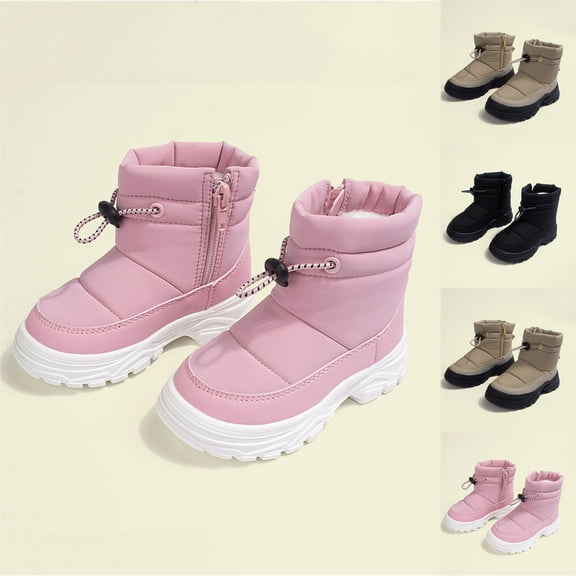 Puntoco Kids Snow Boots Winter Boots Waterproof Fur Lined Warm Lightweight Ankle Boots High Top Slip On Anti-Slip Casual Outdoor Shoes Booties Winter Snow Boots for Kids Pink 13-14Years