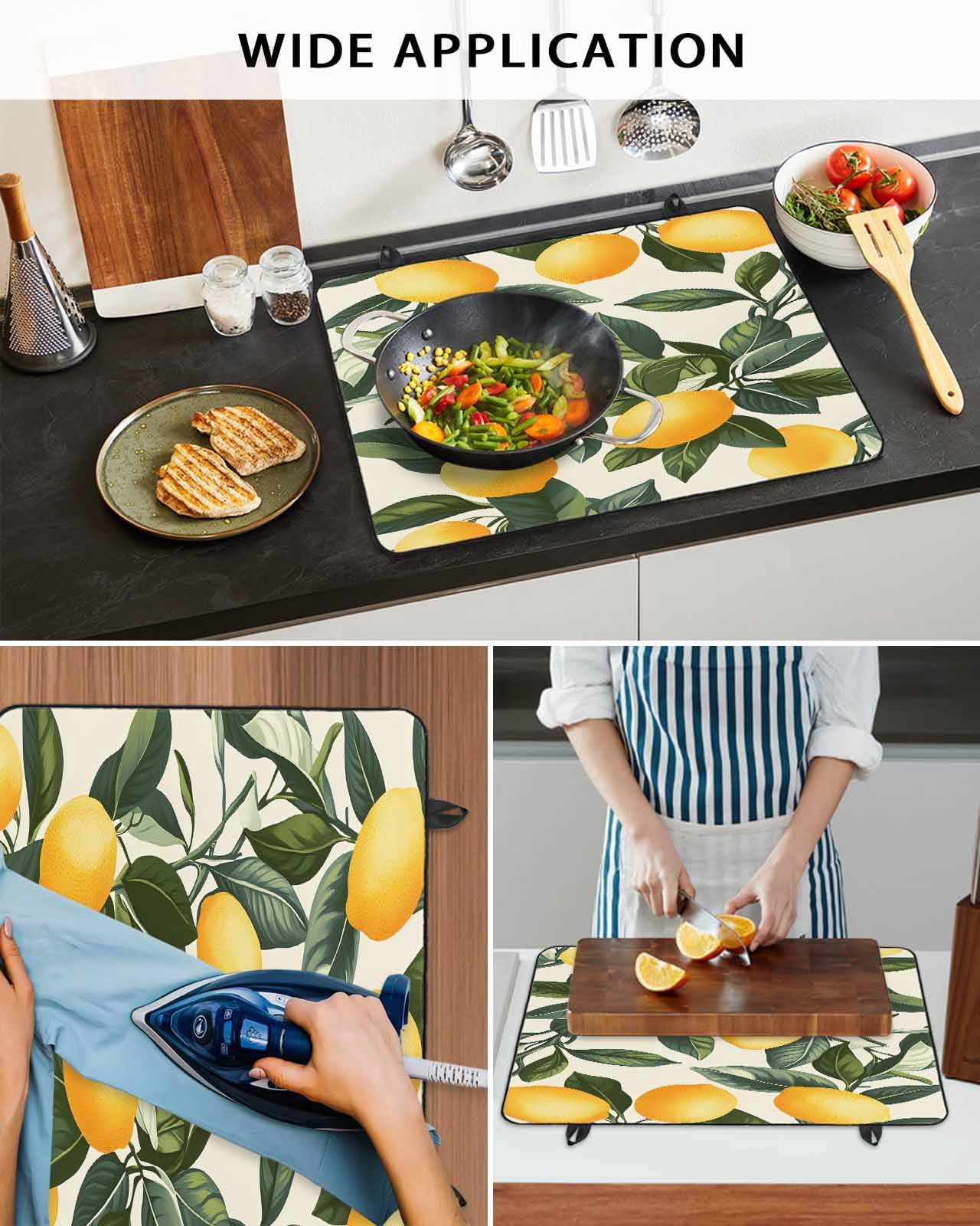 nqOlkjepod Large Induction Cooktop Protector Mat 36"x21", Summer Lemon Stove Top Covers for Electric Stove, Watercolor Yellow Green Leaves Fruit Stove Burner Cover Mats, Glass Top Stove Cover