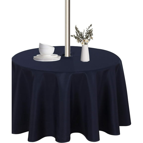 Round Outdoor Tablecloth with Umbrella Hole and Zipper, 60 Inch Navy, Washable Waterproof Table Cloth Spill Proof Wrinkle Free Table Cover for Patio Spring Summer Picnic
