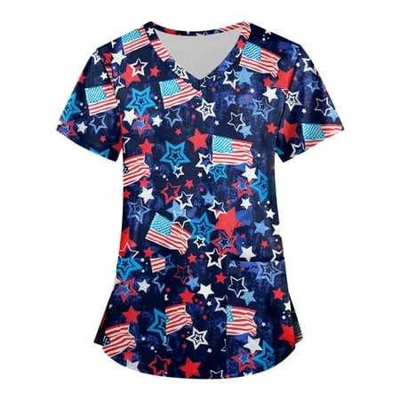 

Sksloeg Scrub Tops Of 2023 4th Of July American Flag Print Patriotic Top Short Sleeve V-Neck Shirts Tee Tops with Pockets Nursing Working Uniform Blue XXXXL