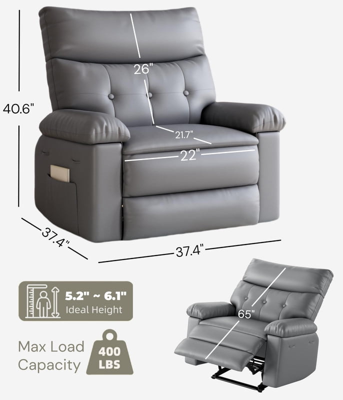 Towallmark Oversized Extra Wide Manual Recliner Chair, Big and Tall 400 Lbs Reclining Chair with Foldable Armrests, Effortless Reclining System for Relaxation, Grey