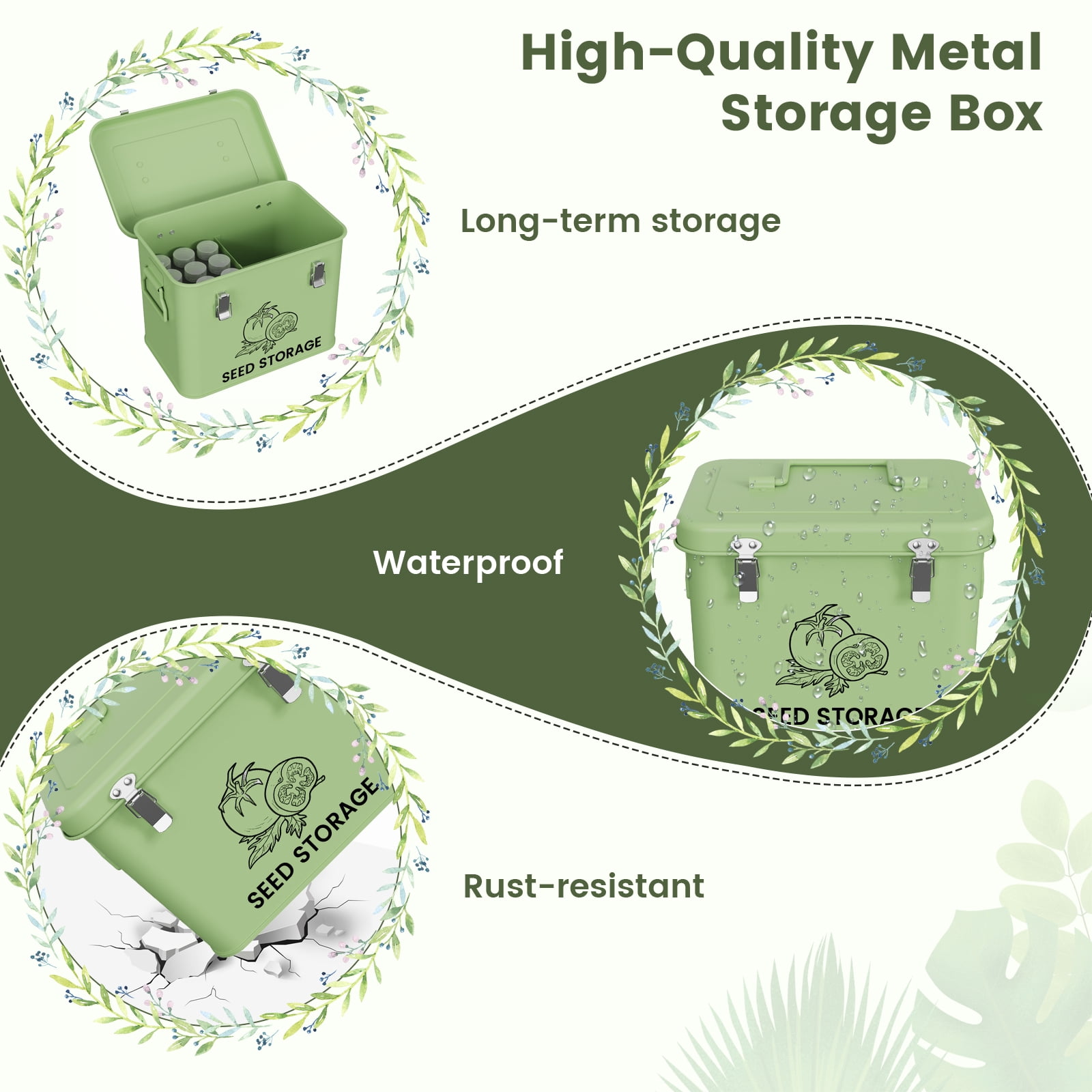 Seed Storage Box, Metal Seed Container, Seed Storage Container (Green)
