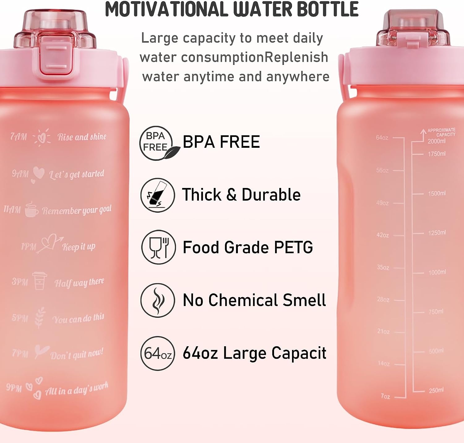 Half Gallon Water Bottle with Sleeve BPA Free 64 oz Water Jug with Straw and Time Marker, Motivational Gym Workout Pregnancy Water Bottles Gifts for Women