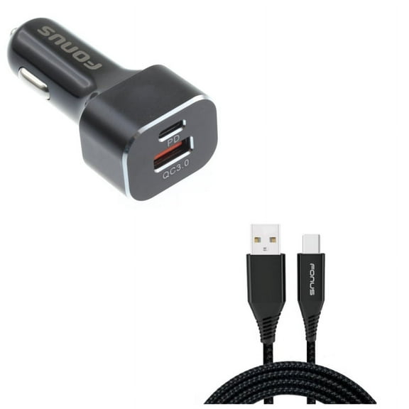 2-Port USB 36W Quick Car Charger w Charger Cord Type-C 6ft USB Cable K6E for Acer Liquid Jade Primo - Alcatel PulseMix, 7, Idol 5S 5 4S - ASUS Zenfone V Live, ROG Phone, AR 6 5z 4 Pro