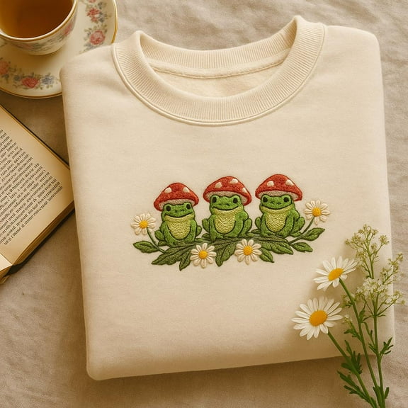 Embroidered Frog Sweatshirt, Mushroom Hat Frogs Hoodie, Cottagecore Aesthetic Crewneck, Cute Toad and Daisy Embroidery, Nature Gift