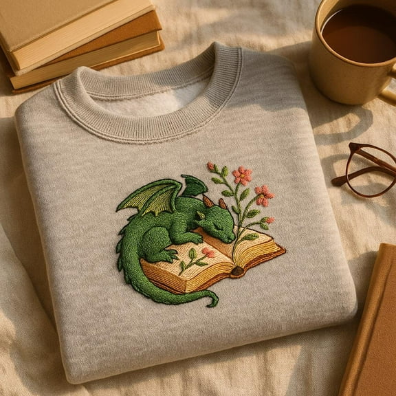 Sleeping Dragon on Book Embroidered Sweatshirt, Cozy Reader Gift, Fantasy Book Lover Sweater, Bookish Dragon Crewneck, Floral Design