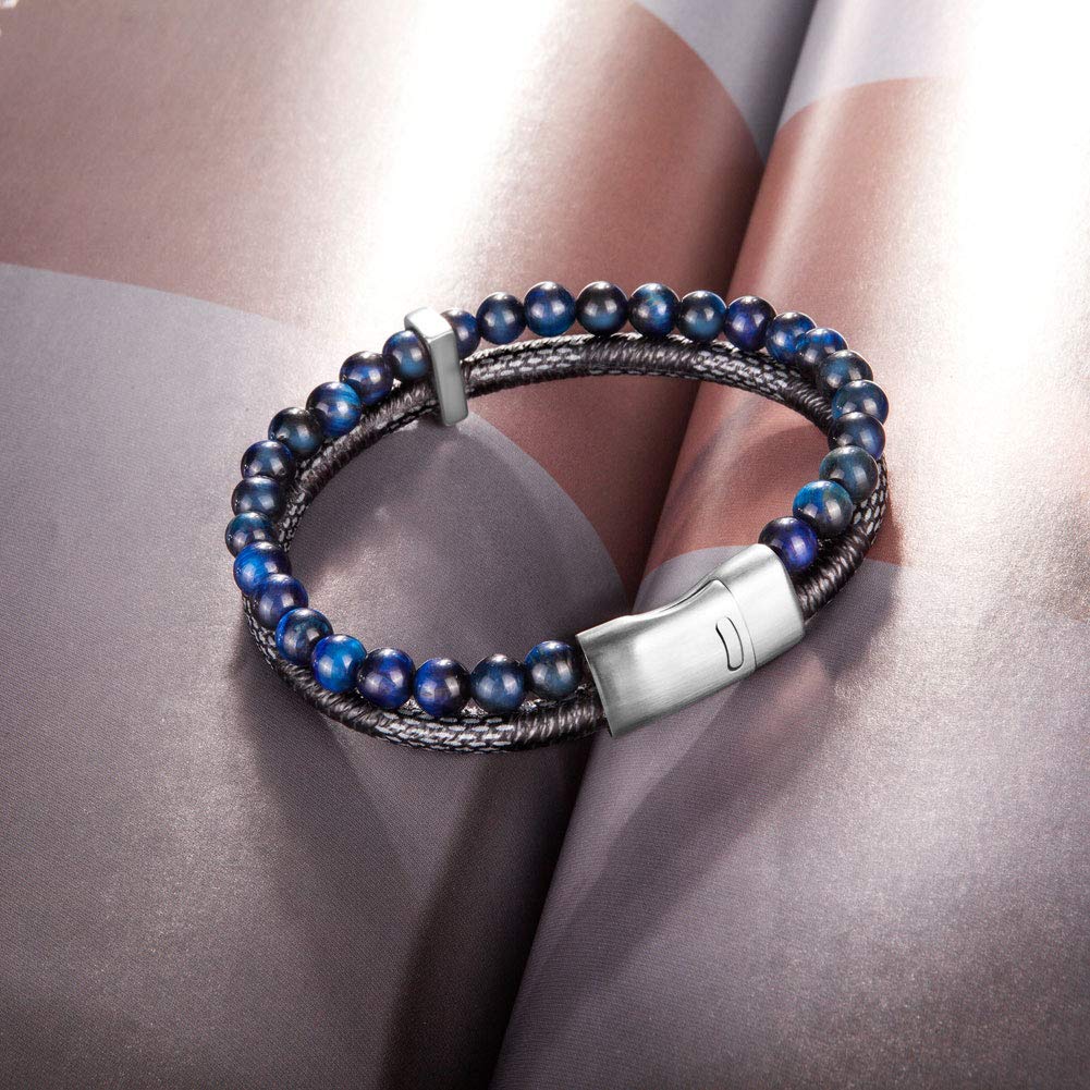 murtoo Mens Leather Bracelet, Natural Bead, Steel and Leather Bracelet for Men Women Father's Day Valentine's Day Christmas Gift