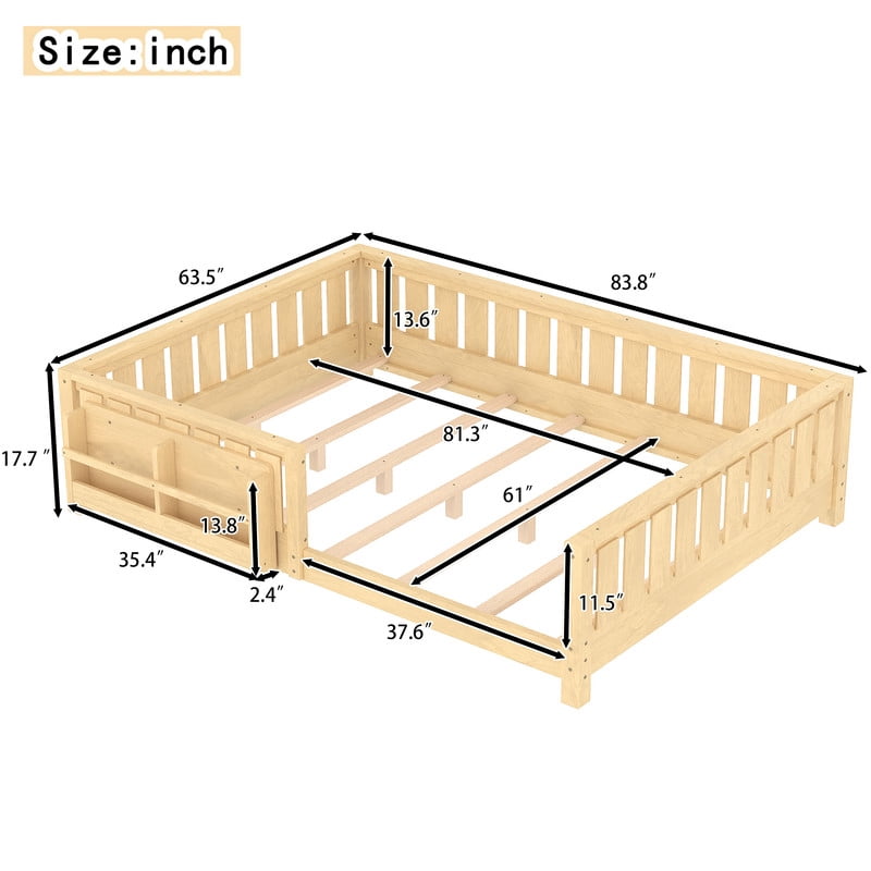 Bellemave Queen Size Floor Bed with Bookshelf, Wood Montessori Beds with Slats and Safety Guardrail, Low Profile Queen Bed Frame with Fence, No Box Spring Needed (Light Natural)