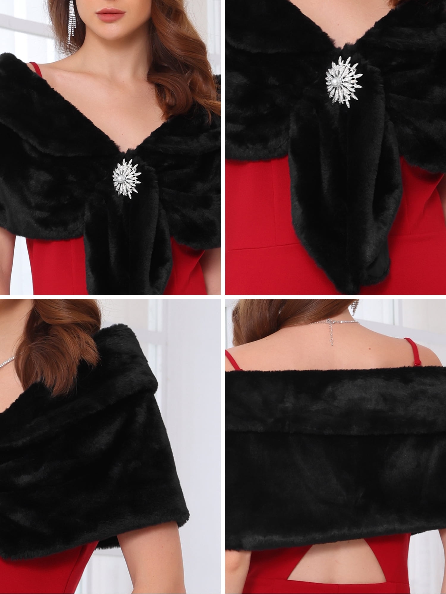 DARING DIVA Women's Elegant Faux Fur Shawl Wrap Cape M Black