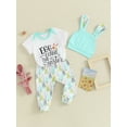 thumbnail image 3 of Suealasg Newborn Baby Girls Easter Clothes Short Sleeve Letter Bunny Print Romper Bunny Print Pants Hat Sets 3Pcs Infant Summer Outfits Set, 3 of 9