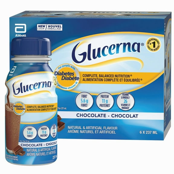 Boisson nutritive Glucerna, Substitut de repas, Alimentation complète et équilibrée pour les personnes diabétiques, Chocolat, 6 x 237 mL