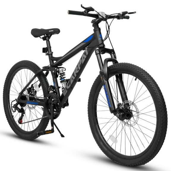 Ecarpat Mountain Bike 26 Inch Wheels, 21-Speed Full Suspension Mens Womens Trail Commuter City Mountain Bike, Carbon Steel Frame Disc Brakes Thumb Shifter Front Fork Rear Shock Absorber Bicycles