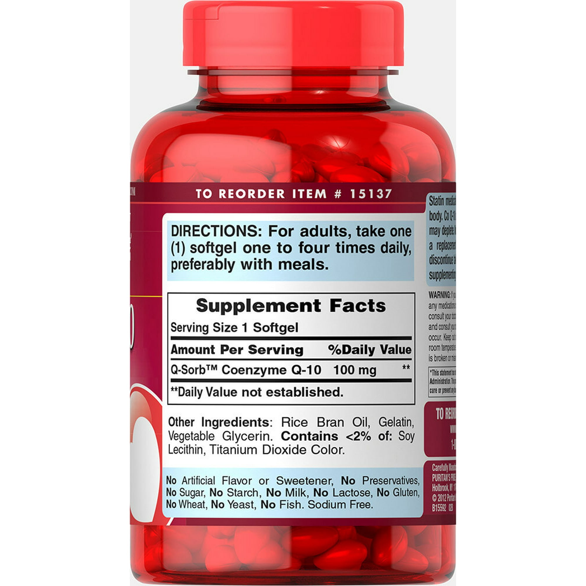 Puritans Pride QSORB CoQ10 100 mg Supports Heart Health** Important for Statin Medication Users 240 Rapid Release Softgels