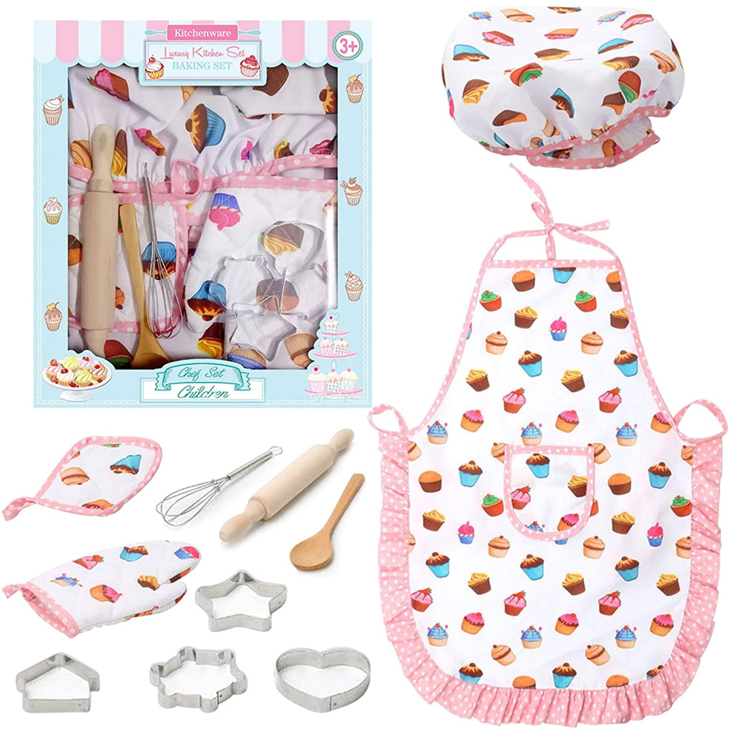 Kids Chef Role Play Costume Set Includes Apron Chef Hat for Little Girls Chef Set Toddler Dress up Pretend Play Kitchen Chef Costume Set-13pcs Baking Sets Great Gift’s for 3 Year Olds Kids and Up 