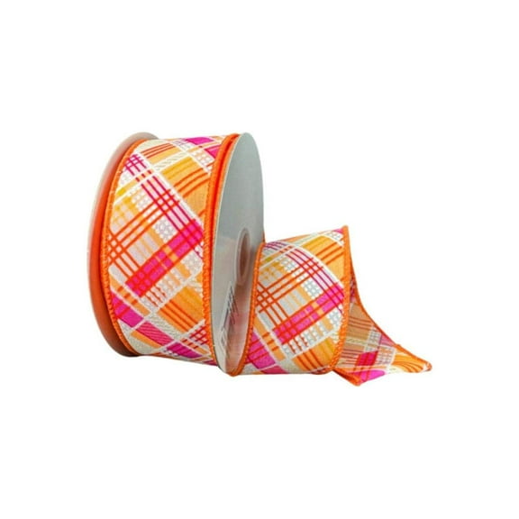 1.5" Diagonal Printed Plaid Ribbon: Neon Orange (10 Yards)