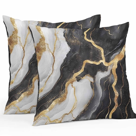 Abstract Marble Outdoor Pillow Covers Pack of 2 Gold Texture Simple Black White Modern Waterproof Throw Pillow Covers Decorative Cushion Cases for Patio Garden Tent Balcony Couch 16x16 inch