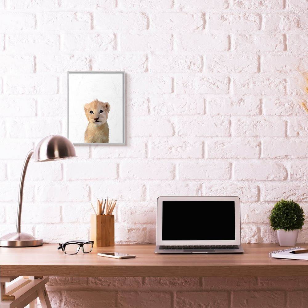 The Kids Room by Stupell Cute Baby Lion Animal Kids Painting Gray Farmhouse Rustic Framed Giclee Texturized Art by Leah Straatsma