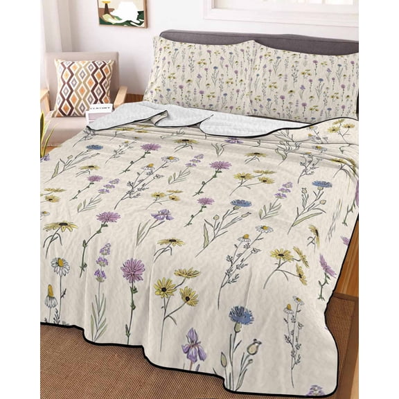Elegant Floral Full Size Down Alternative Comforter,Lightweight Comforter Quilt Bedding Set with Pillow Shams Watercolor Yellow Purple Blue Spring Botanical Bed Comforter Duvet Insert 78"x90"