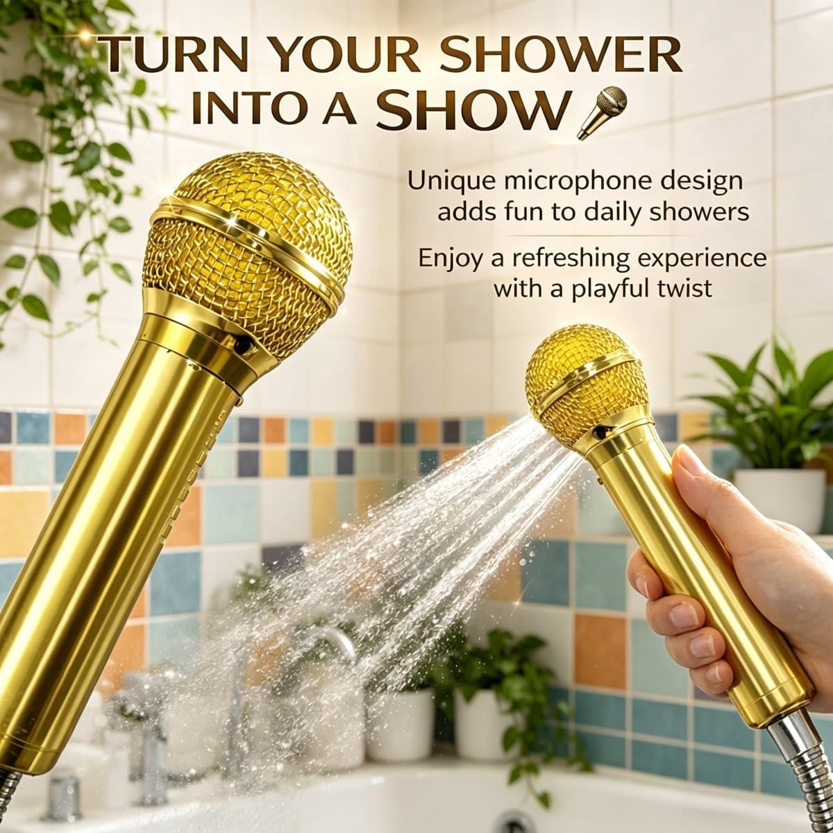 2026 High-Pressure Microphone Shower Head, Microphone-Shaped Creative Showerhead, Handheld Vintage Detachable Rain Flow, Easy Installation, Water Saving Design, Fun Bath Accessory