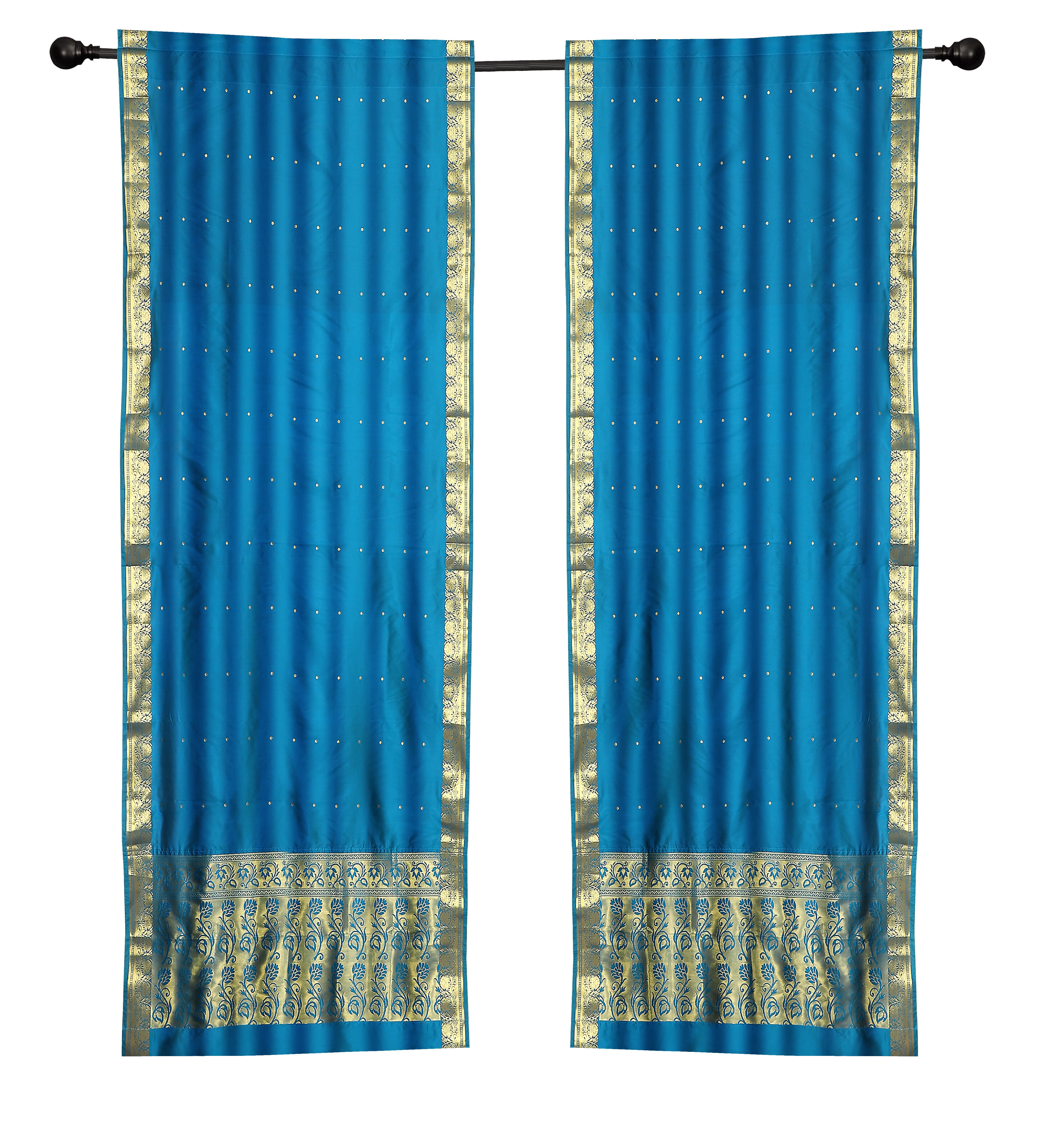 2 Boho Blue Indian Sari Curtains Rod Pocket Window Panels Drapes ...