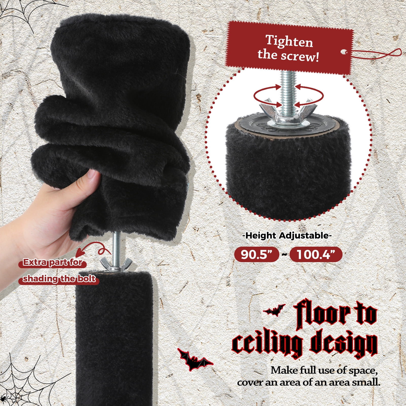 Kadyn Floor to Ceiling Cat Tree Tower Ajustable Height (90.5''~100.4'') 6 Tiers Cactus Cat Tree House with Cat Condo Hammock and Sisal Covered Post for Indoor Cats, Black