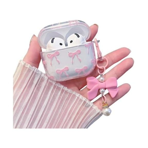 wonima88 Compatible with AirPods 4 Clear Case,Cute Bow Pattern Kawaii Ribbon Girly Design with Bow Pearl Keychain,Soft TPU Protective Shockproof Case for Women Girl for AirPods 4-Pink