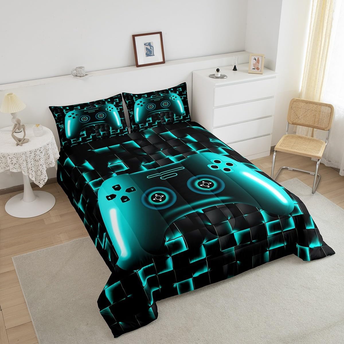 Erosebridal Gaming Twin Size Bedding Set Gamer Comforter Sets For Teen Game Controller Bedroom Decor,Neon Teal Glowing Geometric Grid Bedding,Black Abstract Check Square Comforter