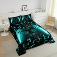 thumbnail image 4 of Erosebridal Gaming Twin Size Bedding Set Gamer Comforter Sets For Teen Game Controller Bedroom Decor,Neon Teal Glowing Geometric Grid Bedding,Black Abstract Check Square Comforter, 4 of 8