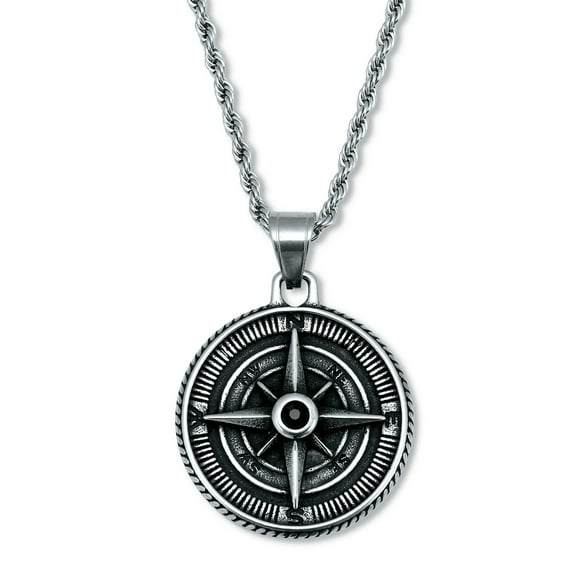 Men's Black Crystal Antiqued Stainless Steel Compass Pendant Necklace 24-inch