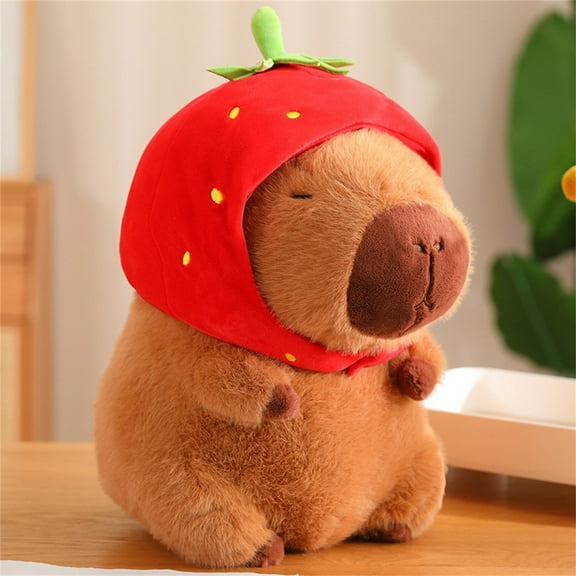 Cute Capybara Plush Kawaii Capybara Stuffed Aniamls Toys Wearing Strawberry Hat Fruit Plushies Hugging Gifts for Kids Brown 9 inch