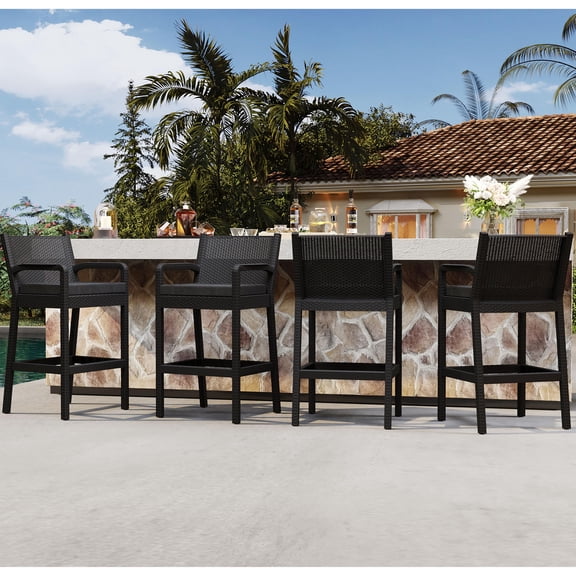 Set of 4 Outdoor Bar Stools with Arms, Wicker Barstools Tall for Balcony Garden Deck, Black