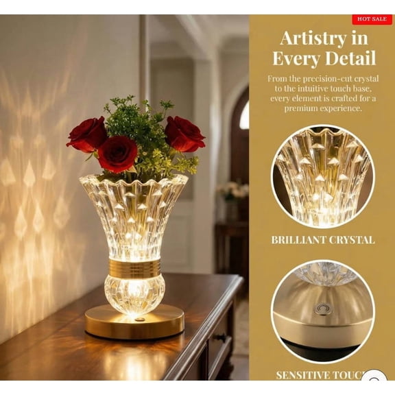 Tepsmf Crystal Flower Table Lamp With Gold Base 3 In 1 LED Night Light Vase Decorative Bedside For Bedroom Living Room Wedding