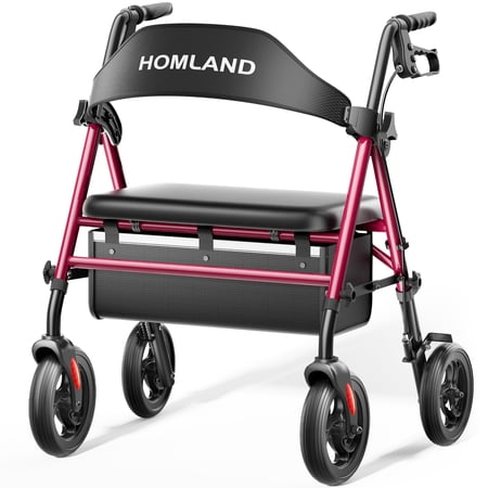 HOMLAND 500lb Bariatric Rollator Walker for Seniors, Heavy-Duty Folding Mobility Aid with 19.7" Extra-Wide Padded Seat, 8" All-Terrain Wheels,Red