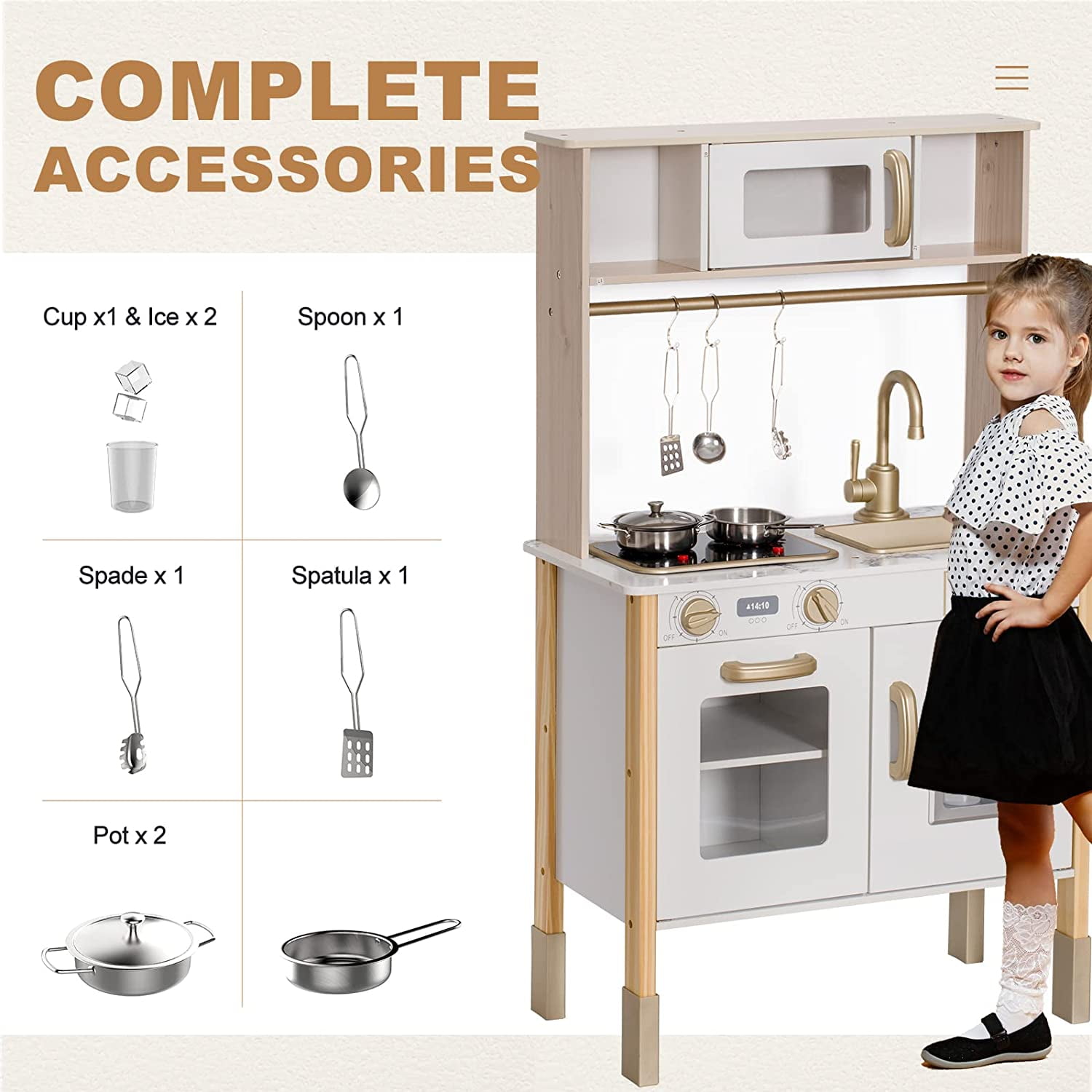 Brinjoy Kitchen Playset for Kids, Wooden Toddler Kitchen Set w/Curtains, Coffee Maker, Storage Shelf, Stove,Sink, Utensils, Light & Sound, Kids