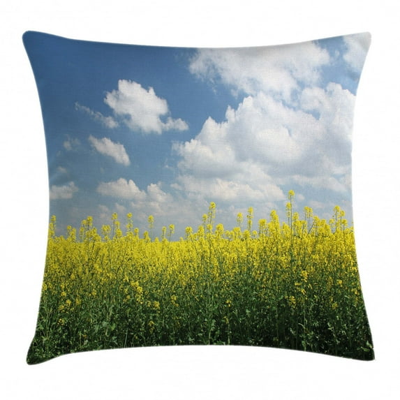 Country Home Throw Pillow Cushion Cover, Blooming Rapeseed Field and Clear Sky Clouds Saxony Germany Rustic Eco, Decorative Square Accent Pillow Case, 16 X 16 Inches, Yellow Green Blue, by Ambesonne