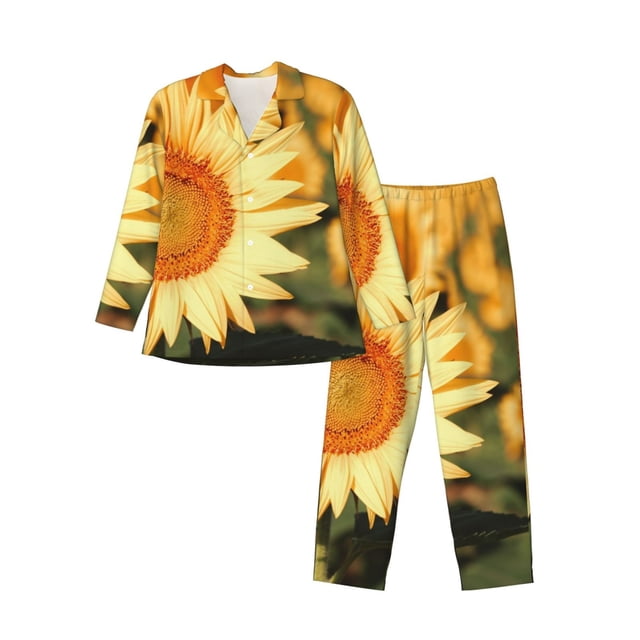 Lsque Golden Sunflower In Field Pattern Long Sleeve Pajama Set for Men - Soft 2-Piece Sleepwear and Loungewear Set with Pockets, Comfy Nightwear-Large