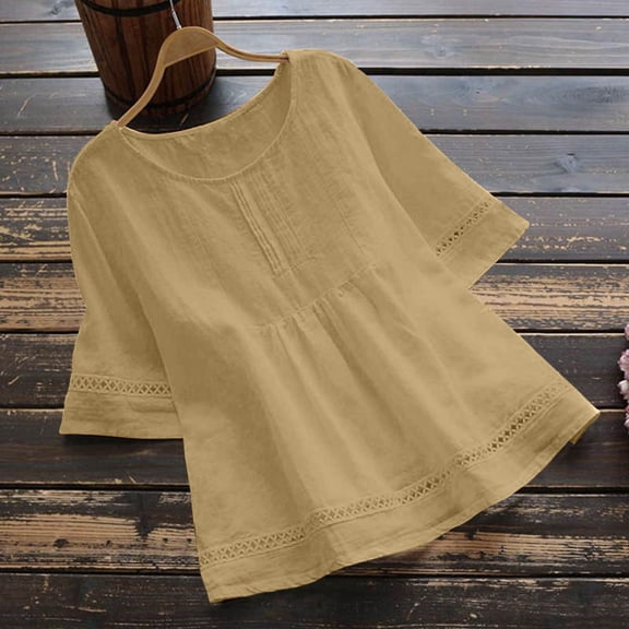 Homenesgenics Tunic Tops for Women Casual Solid Color Plus Size Cotton-Linen Blend Tops Mid-Sleeve Crew Neck Shirt with Cutout Detail Brown XXXL